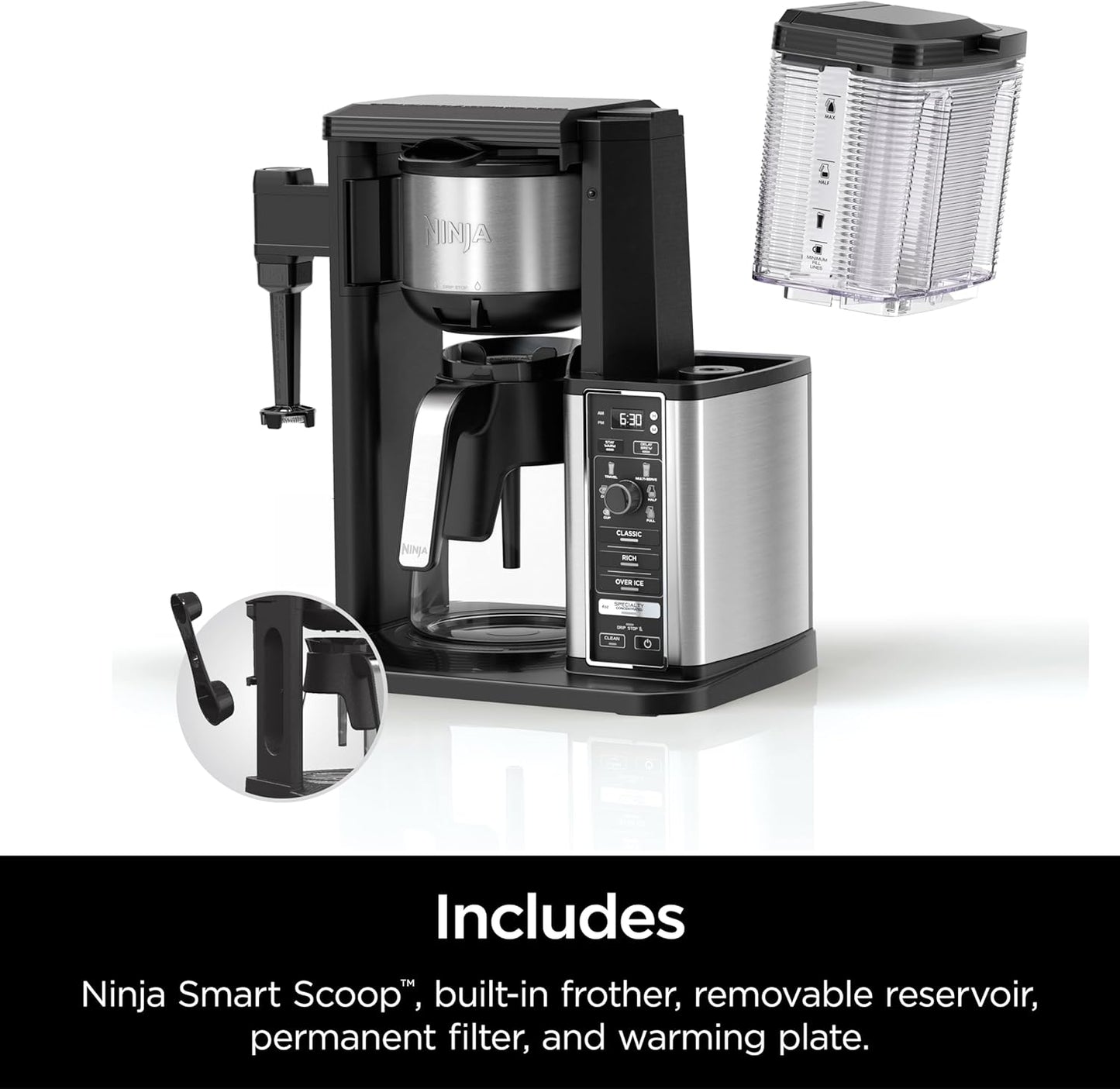 Ninja Specialty Coffee Maker, Hot & Iced Coffee, 6 Brew Styles, 8 Sizes, Small Cup to Travel Mug, 10-Cup Carafe, Fold-Away Frother, Permanent Filter, Removable Reservoir, Black, CM401