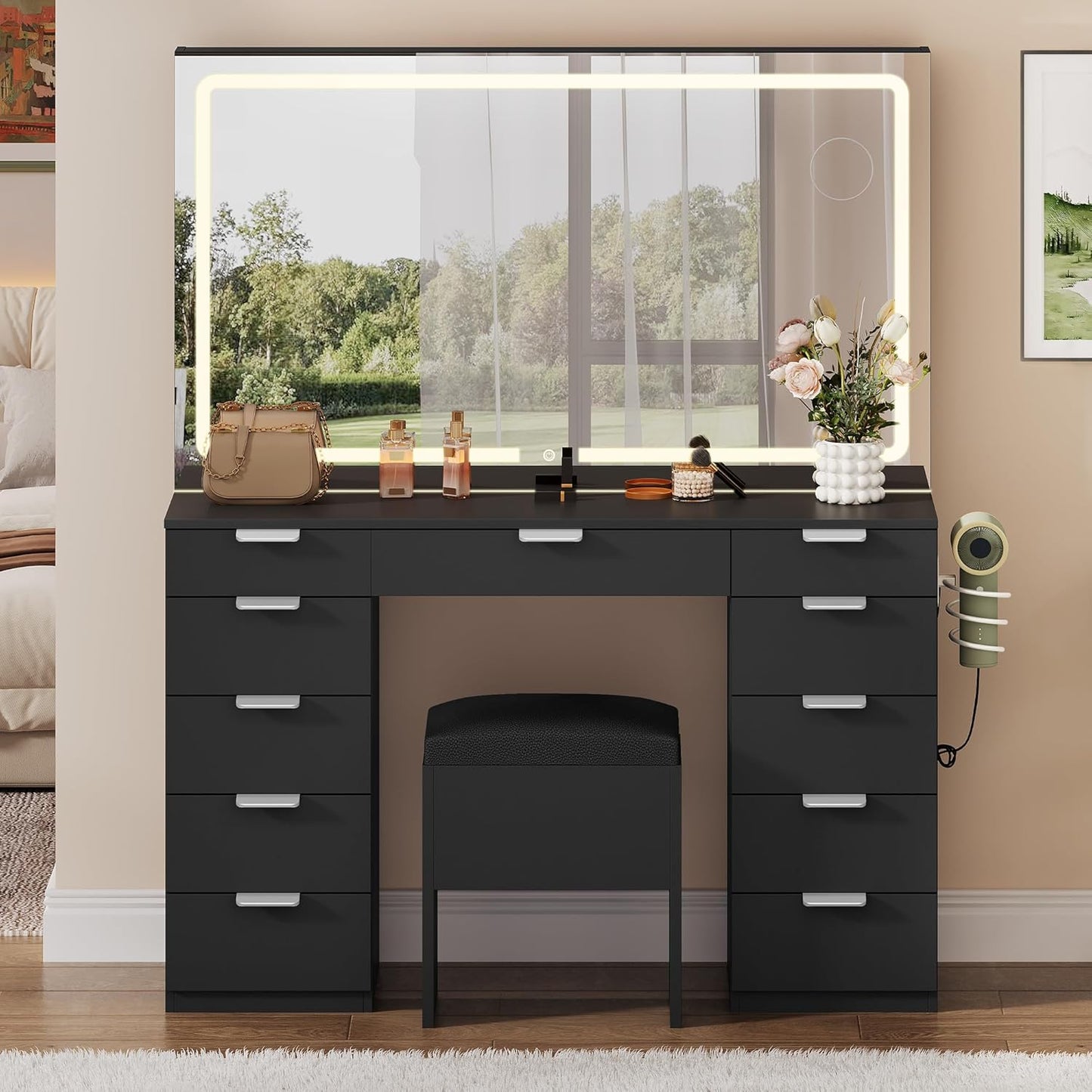 46'' Vanity Desk with Large LED Lighted Mirror & Charging Ports, 11-Drawer Makeup Table Set with Storage Stool for Dressing Room, 3 Lighting Modes Brightness Adjustable,