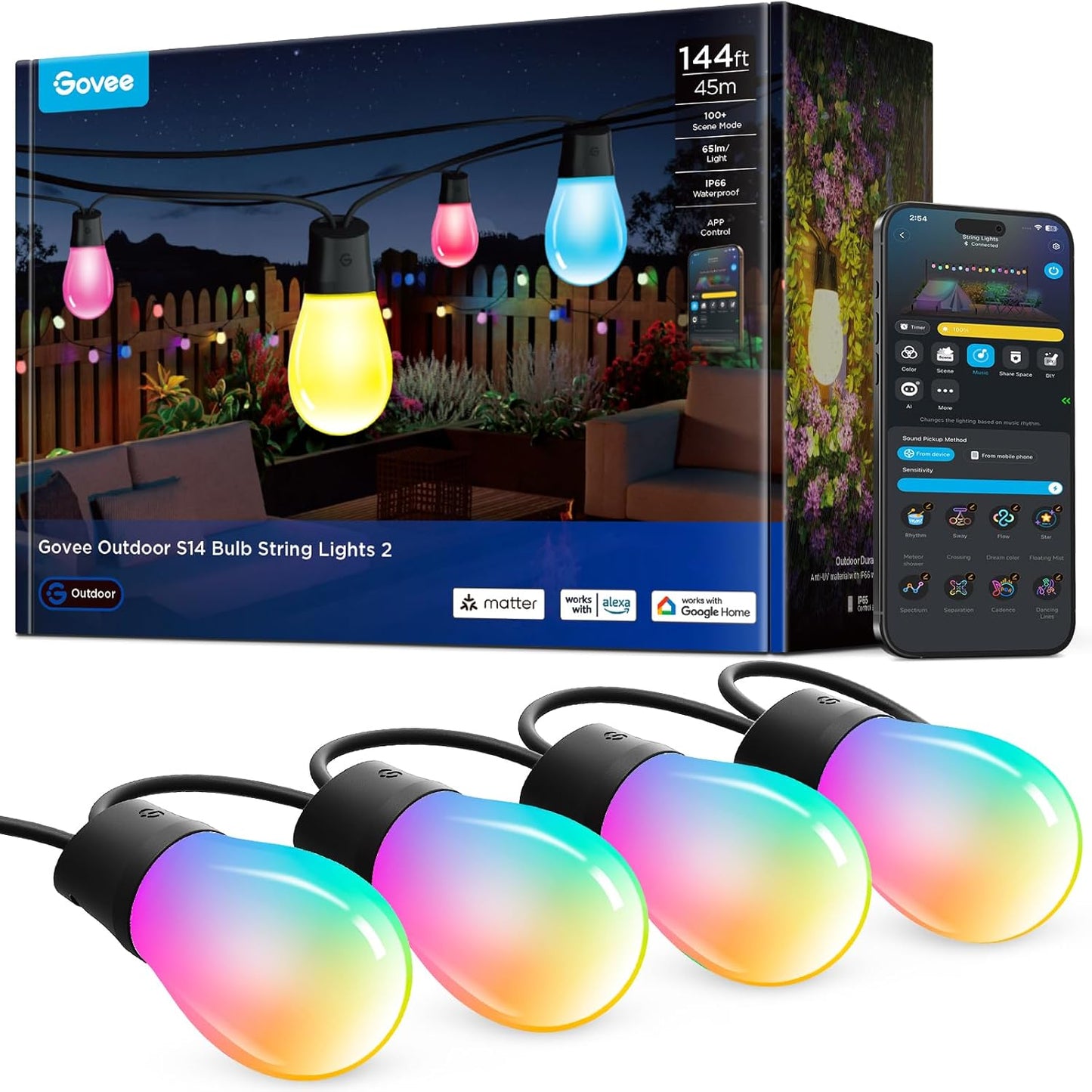 S14 Bulb Outdoor String Lights 2, 96ft Smart RGBIC Warm White Patio Lights