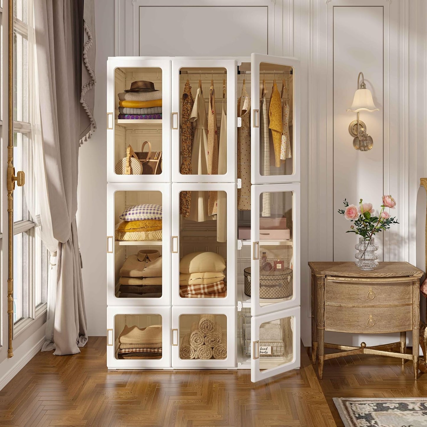 Portable Wardrobe Closet Storage Organizer for Clothes,Suitable for Living Room, Bedroom,Plastic Wardrobe with Magnetic Transparent Door and Easy Assembly 8 Cubes & 2 Hanging Rod