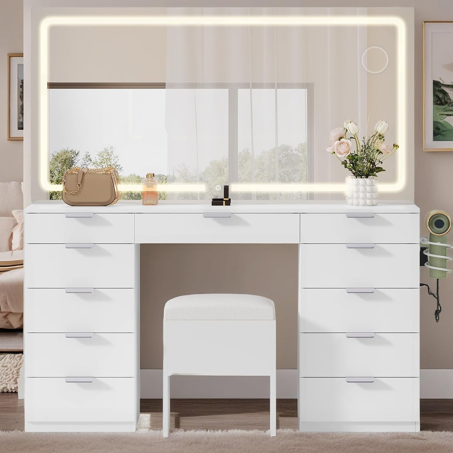 46'' Vanity Desk with Large LED Lighted Mirror & Charging Ports, 11-Drawer Makeup Table Set with Storage Stool for Dressing Room, 3 Lighting Modes Brightness Adjustable,