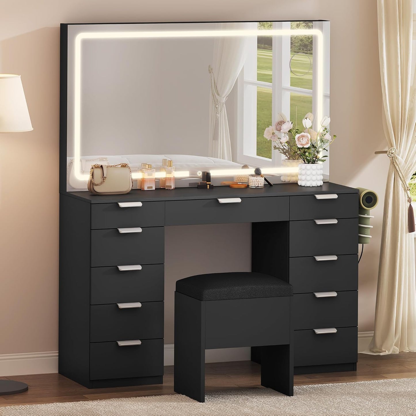 46'' Vanity Desk with Large LED Lighted Mirror & Charging Ports, 11-Drawer Makeup Table Set with Storage Stool for Dressing Room, 3 Lighting Modes Brightness Adjustable,