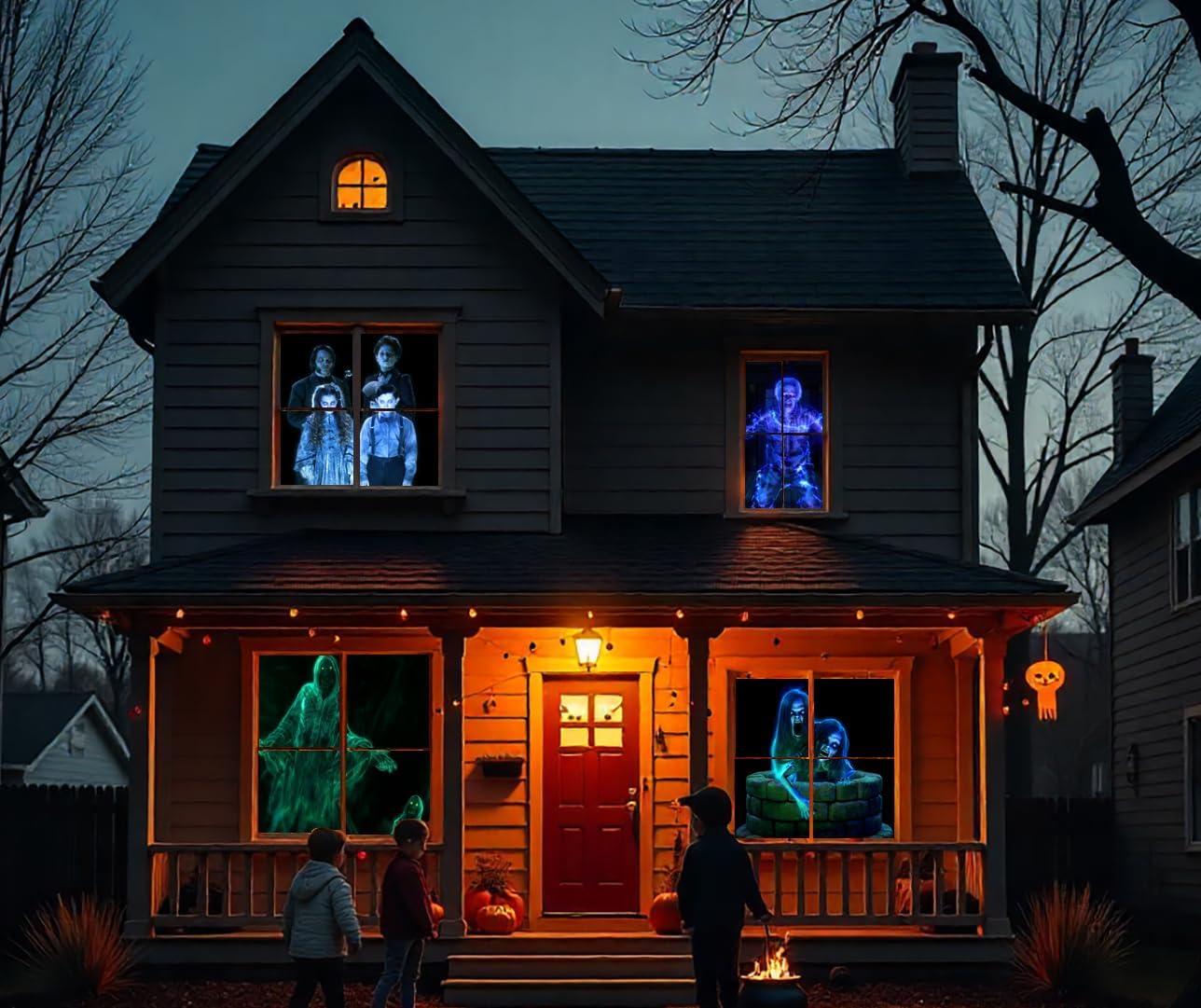Spooky Halloween Hollusion Digital Decoration Kit Includes 8 AtmosFX Video Effects for Halloween Plus HD Super Bright Projector and 5.5' x 9' Holographic Projection Screen