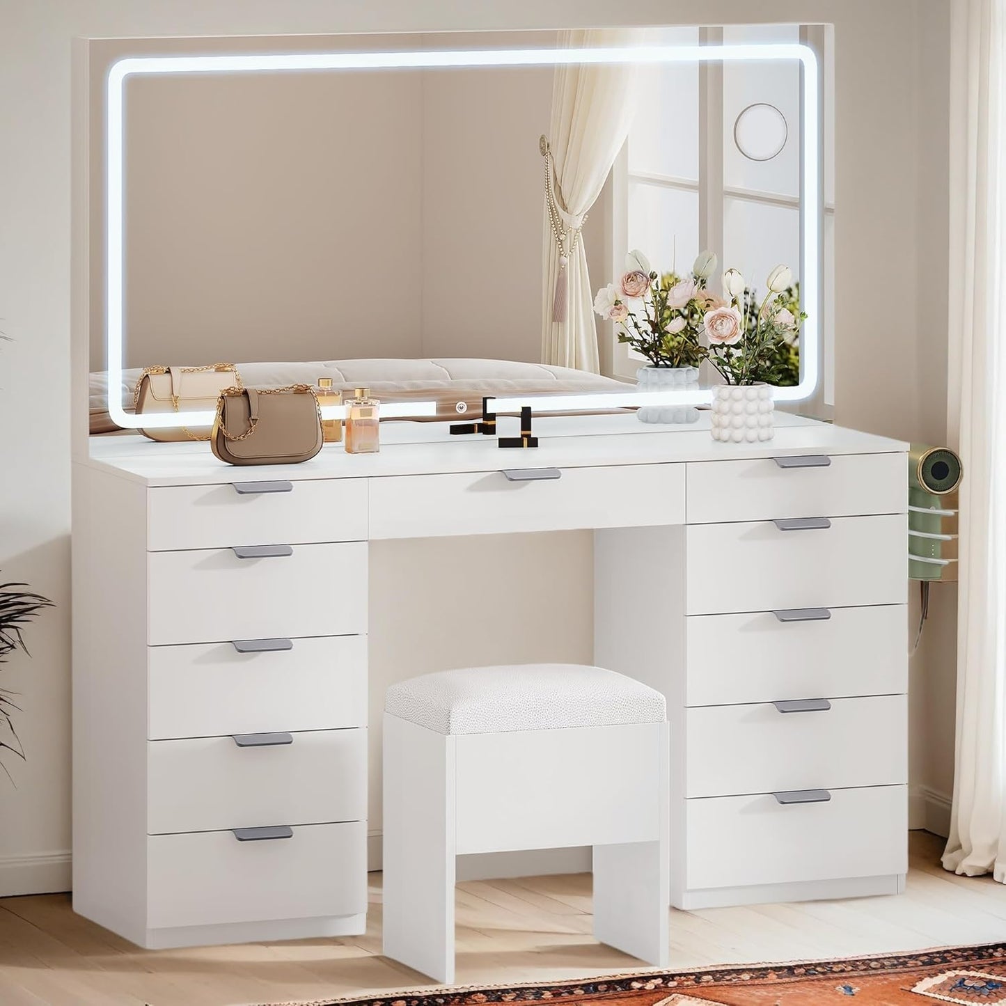 46'' Vanity Desk with Large LED Lighted Mirror & Charging Ports, 11-Drawer Makeup Table Set with Storage Stool for Dressing Room, 3 Lighting Modes Brightness Adjustable,