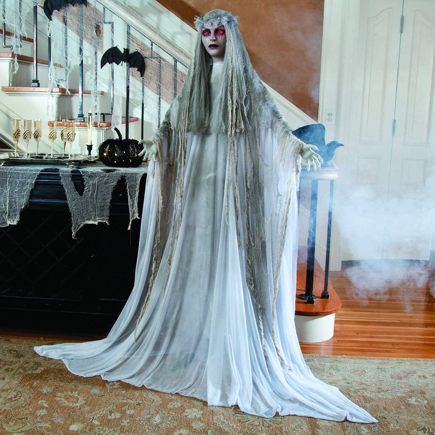 Standing Ghost Girl Halloween Decorations Outdoor - 5ft 7in Light Up Ghost with Flashing Red Eyes