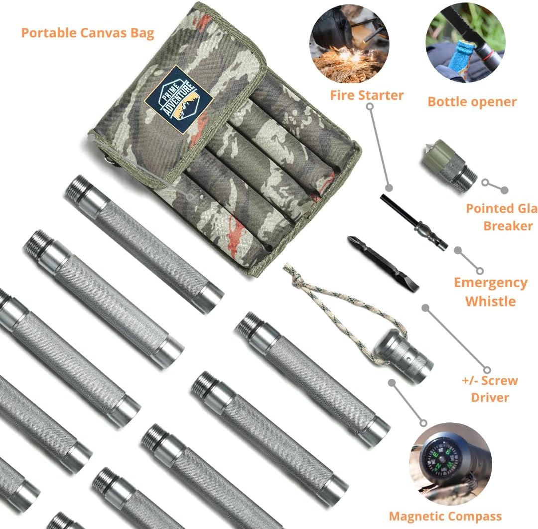 Hiking Tactical Stick Walking Staff - Outdoor Multitool Gear Trekking Pole Collapsible Retractable Premium 15 in 1 | 8 Tubes