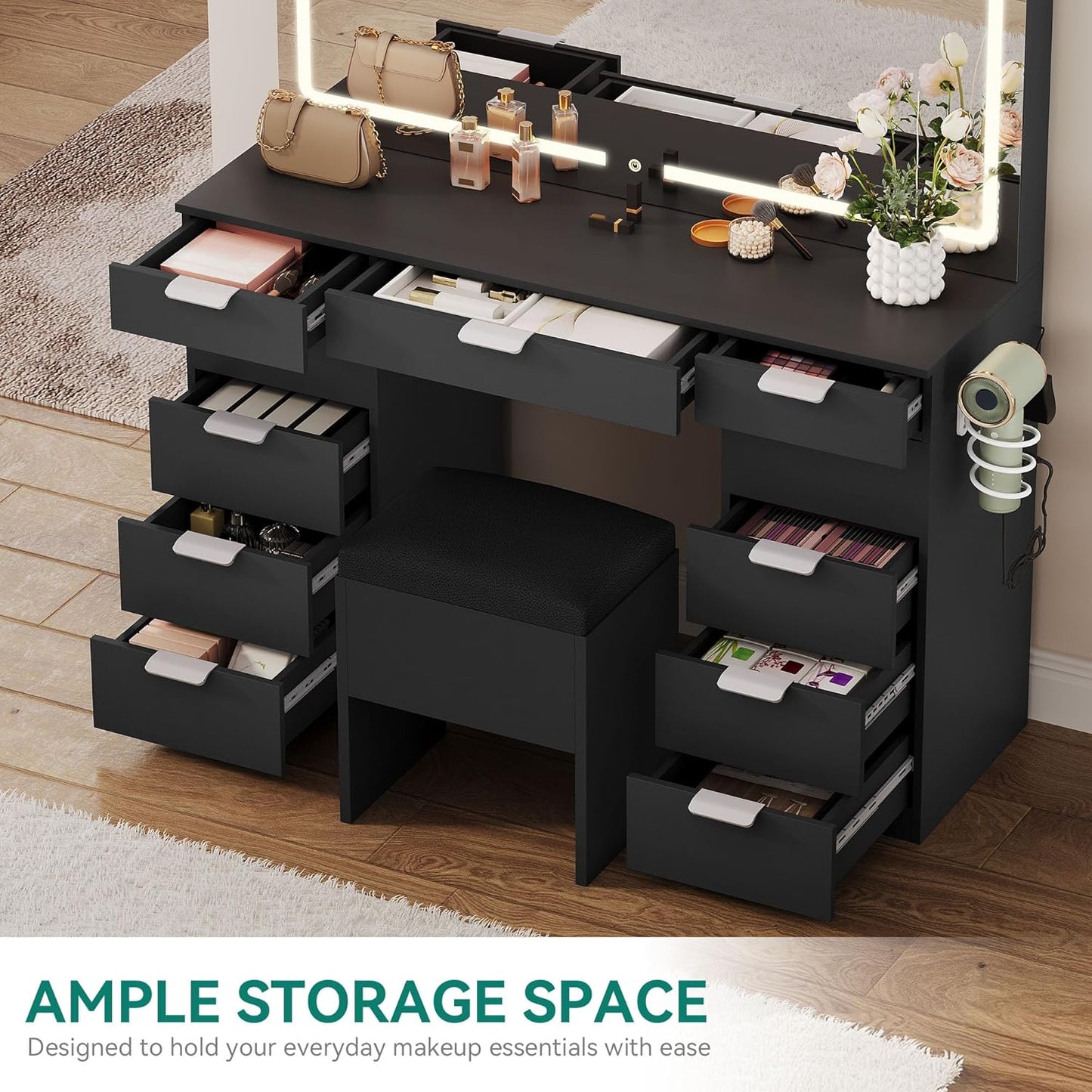 46'' Vanity Desk with Large LED Lighted Mirror & Charging Ports, 11-Drawer Makeup Table Set with Storage Stool for Dressing Room, 3 Lighting Modes Brightness Adjustable,