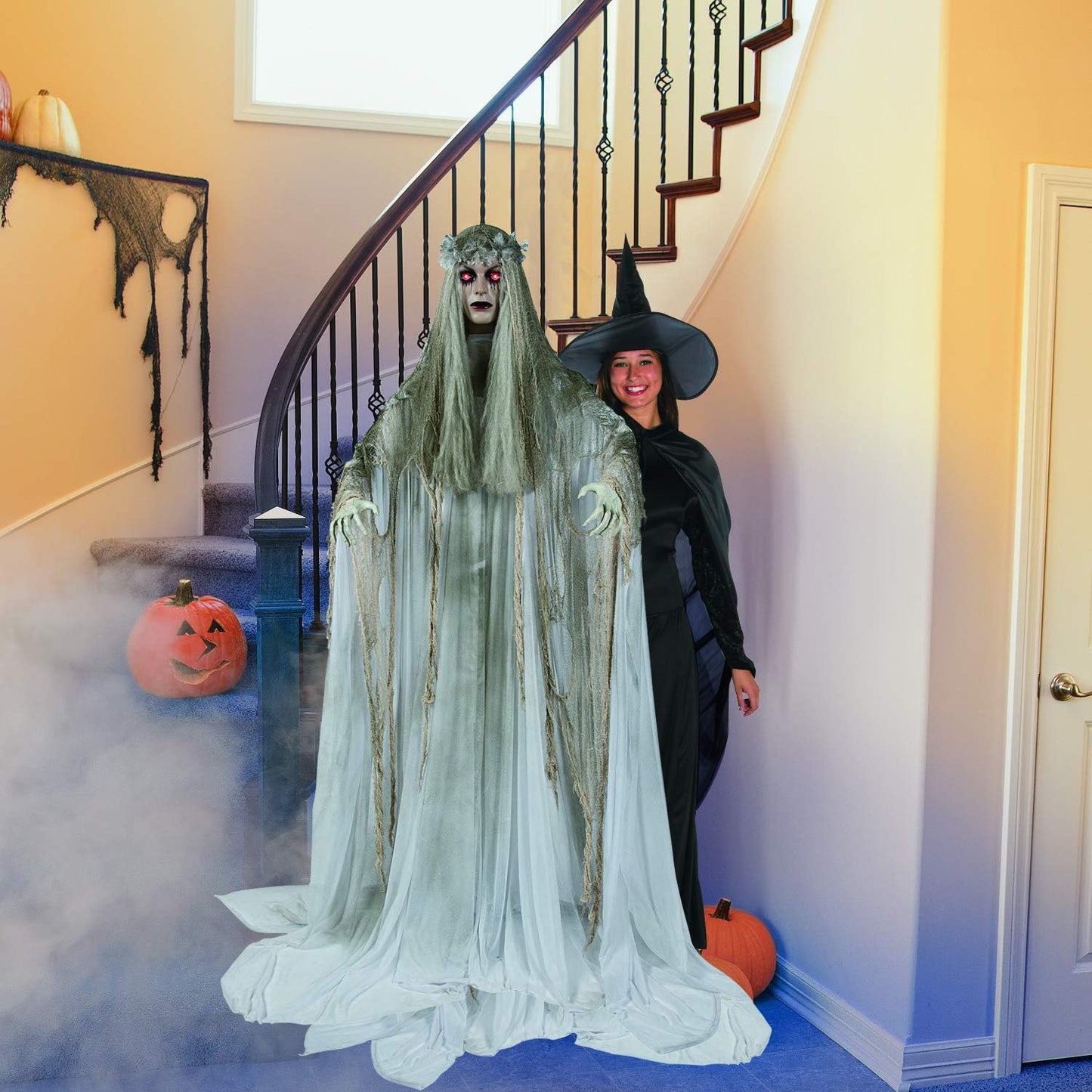 Standing Ghost Girl Halloween Decorations Outdoor - 5ft 7in Light Up Ghost with Flashing Red Eyes