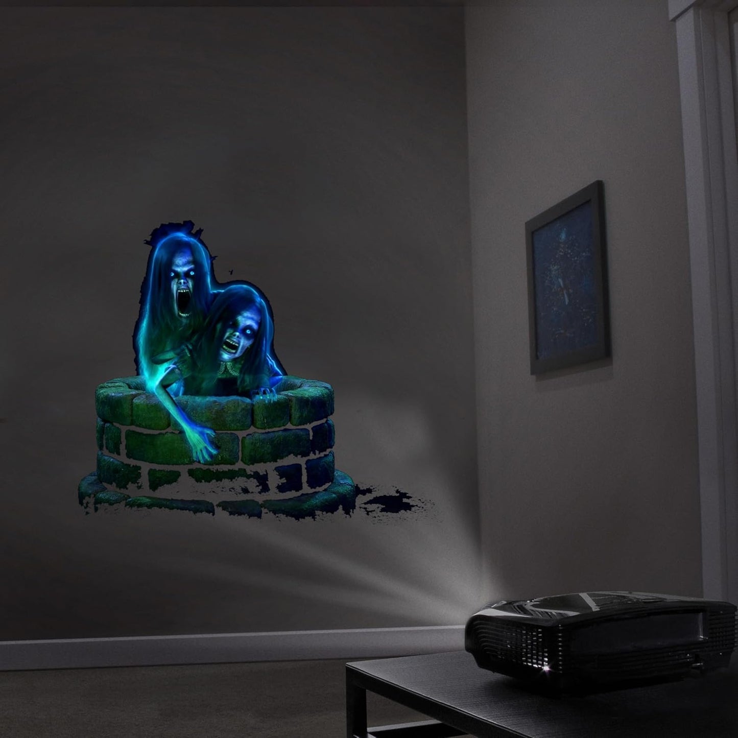 Spooky Halloween Hollusion Digital Decoration Kit Includes 8 AtmosFX Video Effects for Halloween Plus HD Super Bright Projector and 5.5' x 9' Holographic Projection Screen