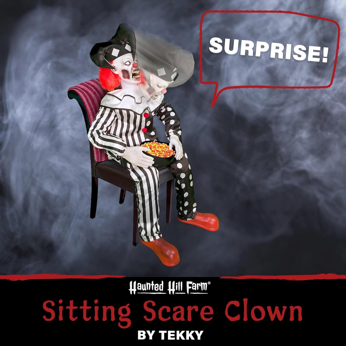 Hartley The Sitting Scare Clown by Tekky, Motion-Activated Talking Jump-Scare Halloween Animatronic for Halloween Party Prank Decoration