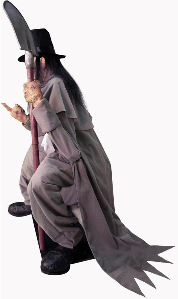 Motion-Activated Crouching Grave Digger by Tekky, Talking Halloween Animatronic for Indoor or Covered Outdoor Creepy Halloween Decorations