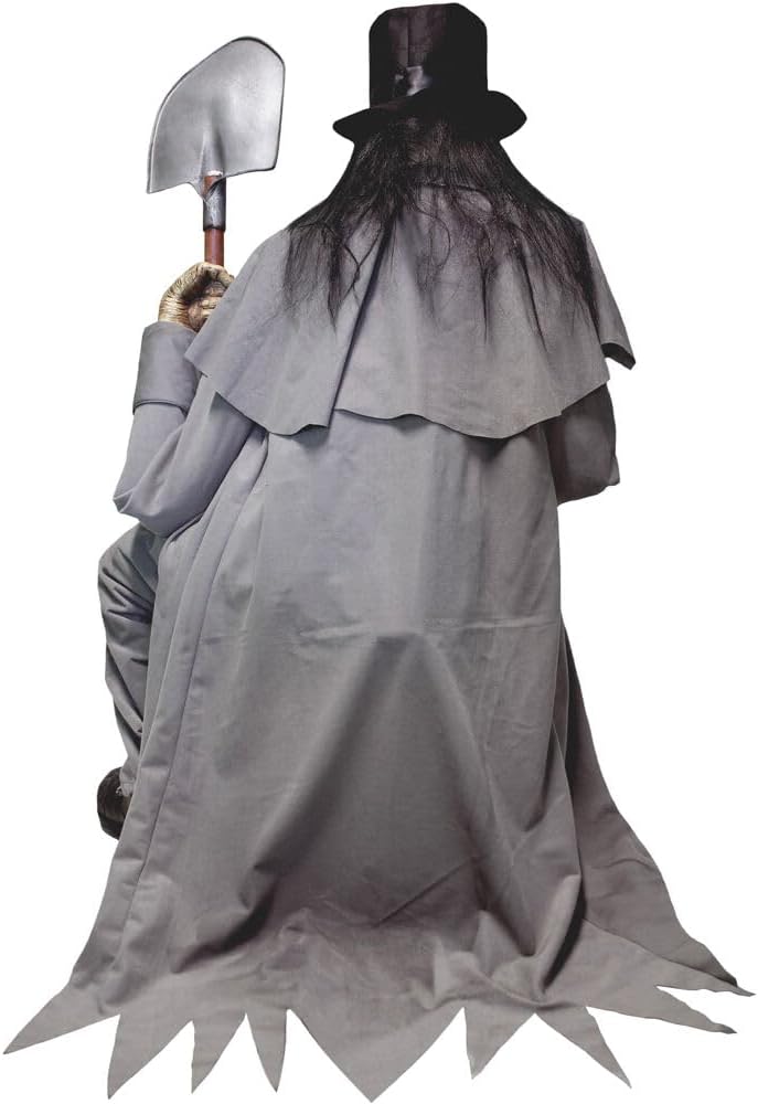 Motion-Activated Crouching Grave Digger by Tekky, Talking Halloween Animatronic for Indoor or Covered Outdoor Creepy Halloween Decorations