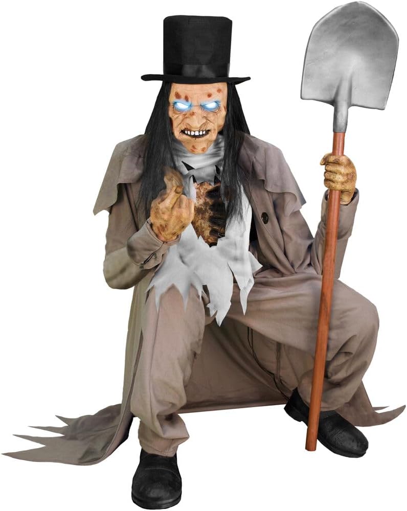 Motion-Activated Crouching Grave Digger by Tekky, Talking Halloween Animatronic for Indoor or Covered Outdoor Creepy Halloween Decorations