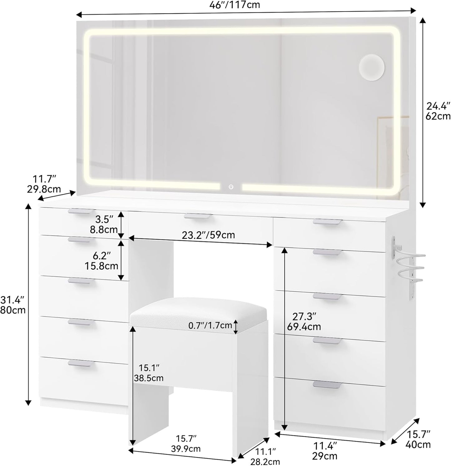 46'' Vanity Desk with Large LED Lighted Mirror & Charging Ports, 11-Drawer Makeup Table Set with Storage Stool for Dressing Room, 3 Lighting Modes Brightness Adjustable,