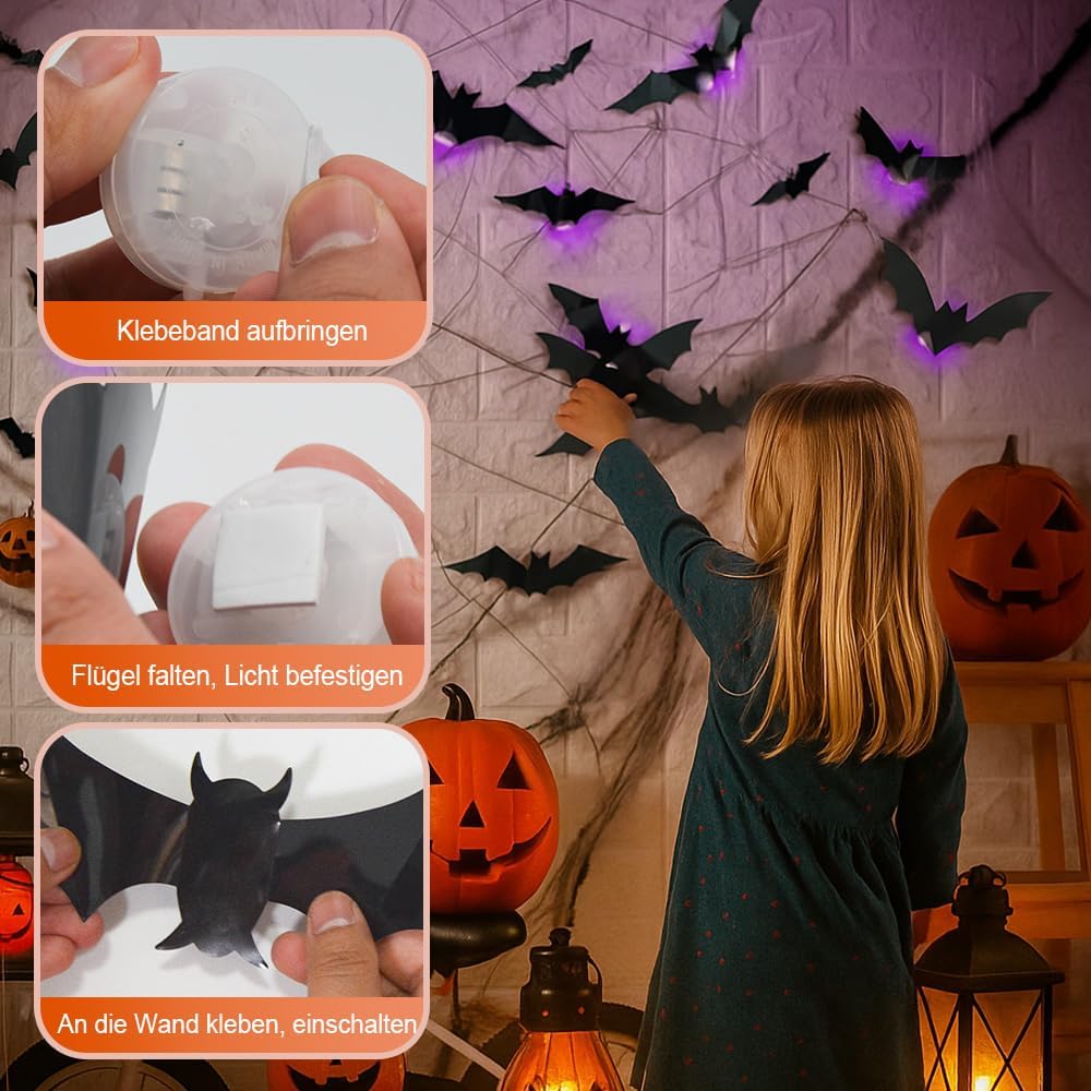 2025 New Halloween 3D Lighted Bats, LED Purple Lighted 3D Bats Halloween Decoration