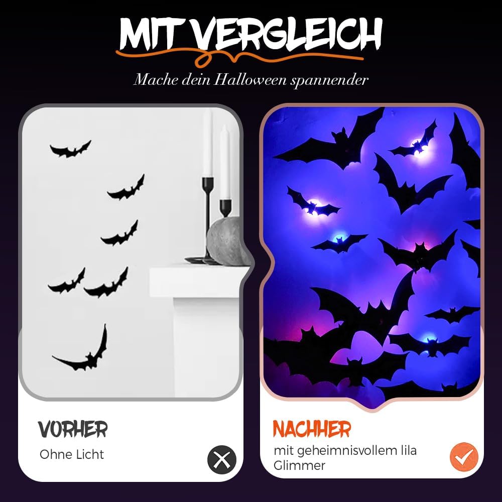 2025 New Halloween 3D Lighted Bats, LED Purple Lighted 3D Bats Halloween Decoration