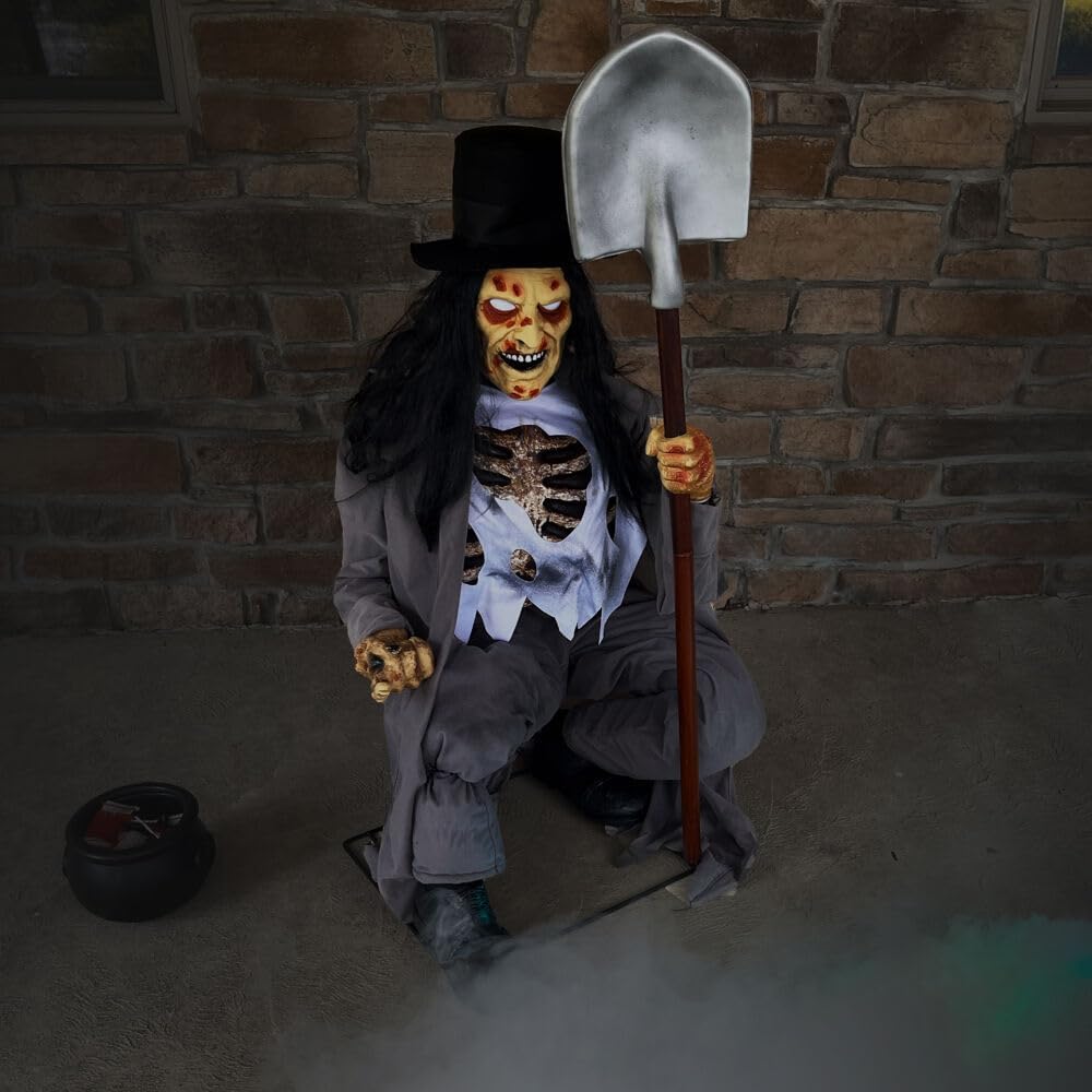 Motion-Activated Crouching Grave Digger by Tekky, Talking Halloween Animatronic for Indoor or Covered Outdoor Creepy Halloween Decorations