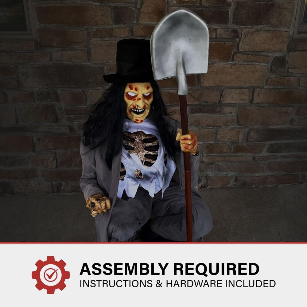 Motion-Activated Crouching Grave Digger by Tekky, Talking Halloween Animatronic for Indoor or Covered Outdoor Creepy Halloween Decorations