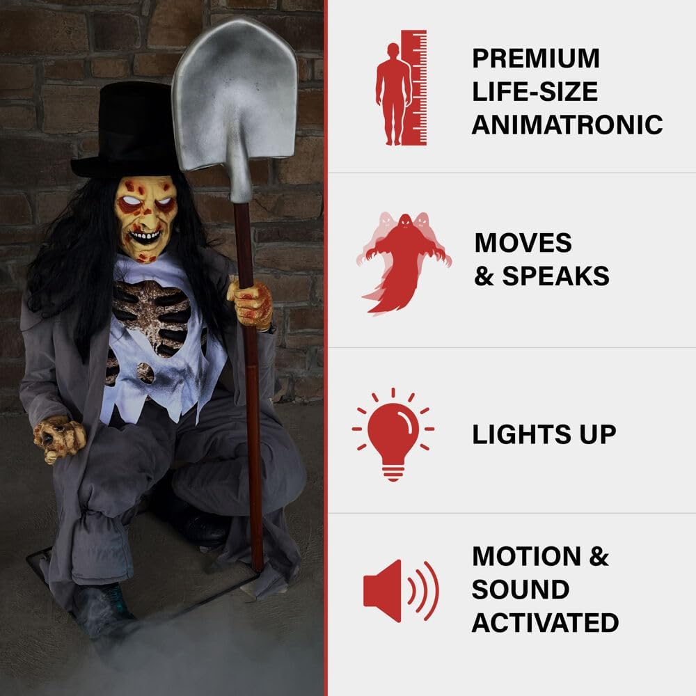 Motion-Activated Crouching Grave Digger by Tekky, Talking Halloween Animatronic for Indoor or Covered Outdoor Creepy Halloween Decorations