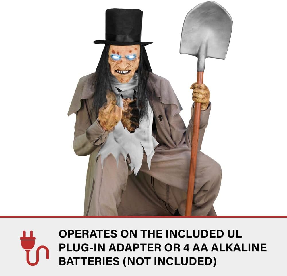 Motion-Activated Crouching Grave Digger by Tekky, Talking Halloween Animatronic for Indoor or Covered Outdoor Creepy Halloween Decorations