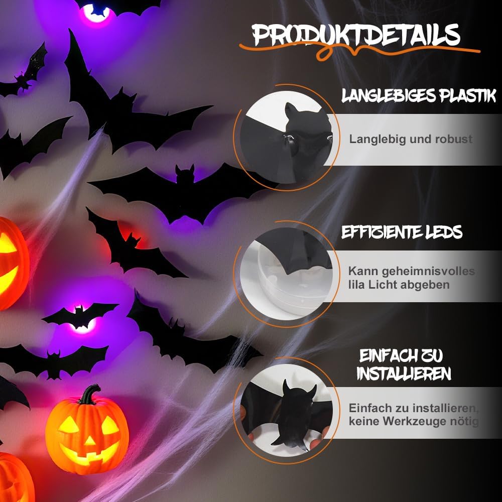 2025 New Halloween 3D Lighted Bats, LED Purple Lighted 3D Bats Halloween Decoration