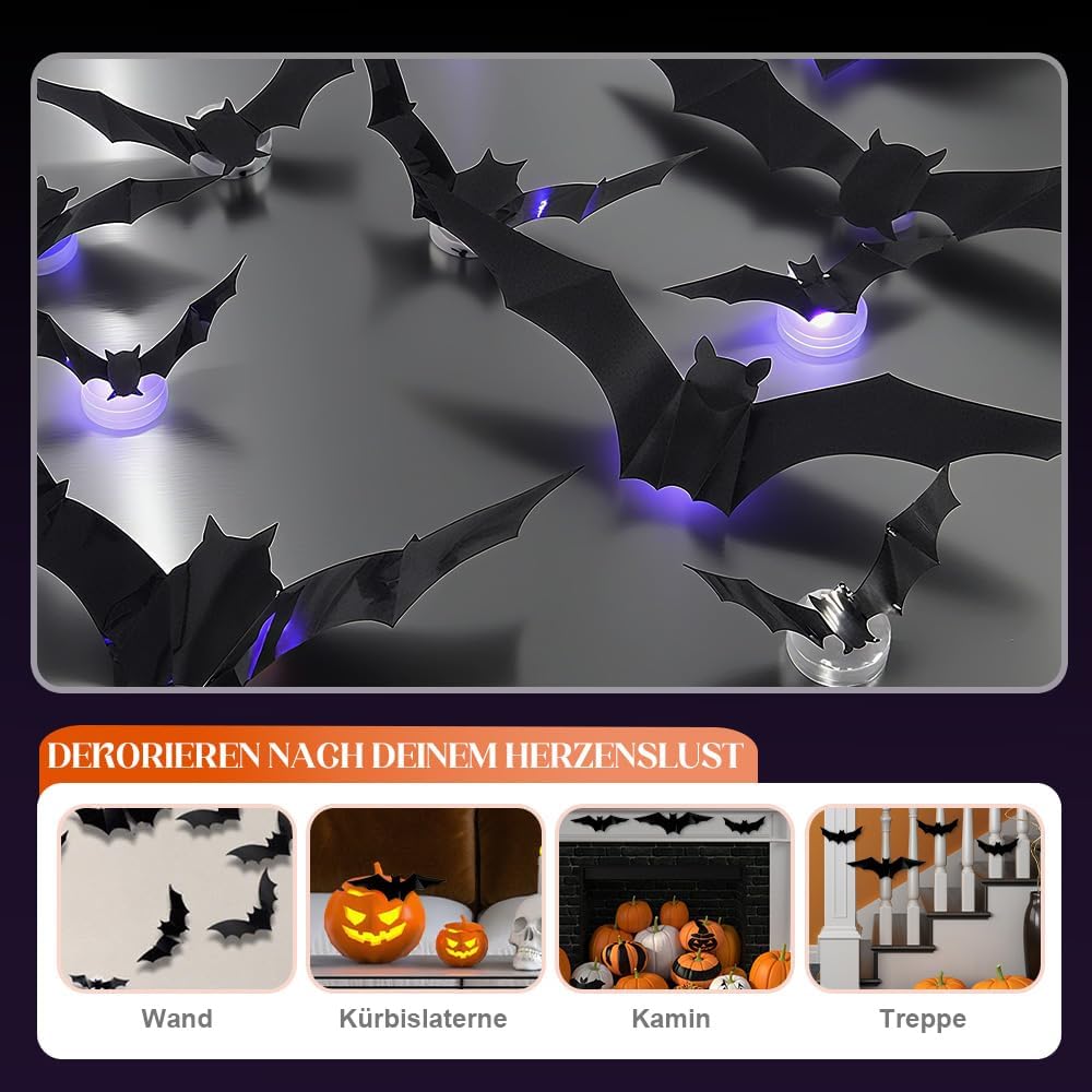 2025 New Halloween 3D Lighted Bats, LED Purple Lighted 3D Bats Halloween Decoration