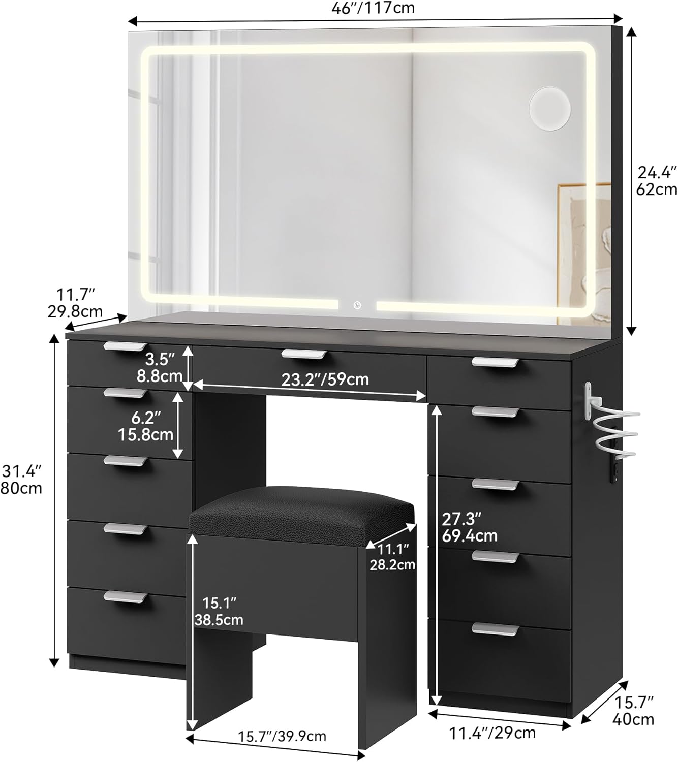 46'' Vanity Desk with Large LED Lighted Mirror & Charging Ports, 11-Drawer Makeup Table Set with Storage Stool for Dressing Room, 3 Lighting Modes Brightness Adjustable,