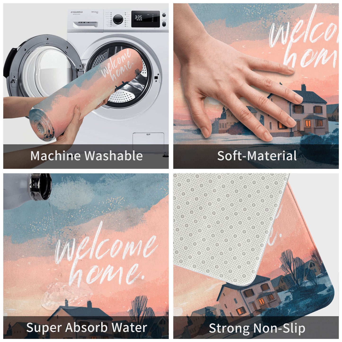 Illustration Style “Welcome Home” Anti-Slip Floor Mat – Multi-Purpose Rug for Entryway, Bedroom, Bathroom