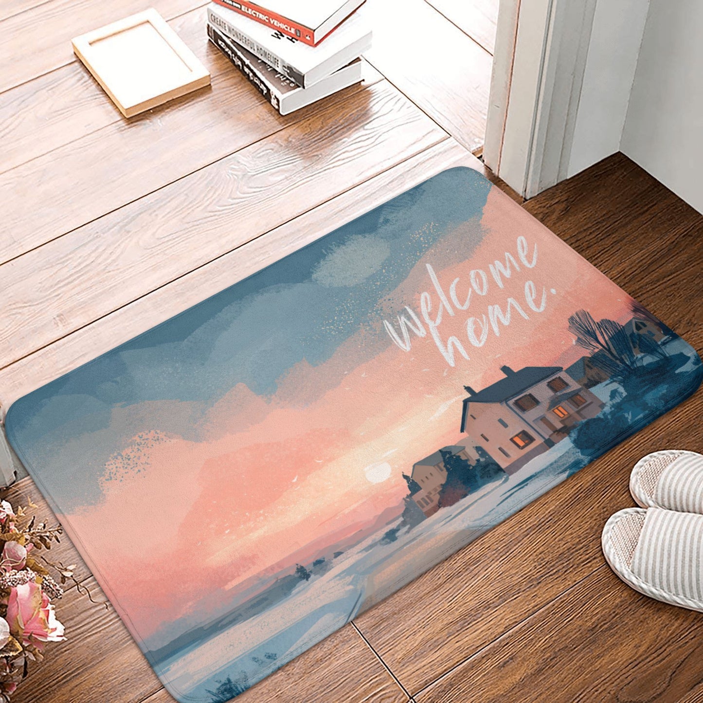 Illustration Style “Welcome Home” Anti-Slip Floor Mat – Multi-Purpose Rug for Entryway, Bedroom, Bathroom