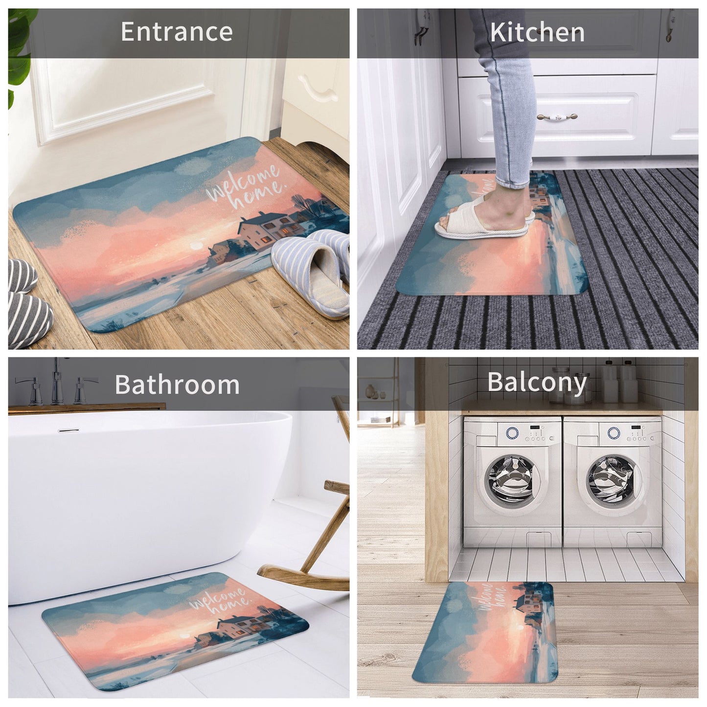 Illustration Style “Welcome Home” Anti-Slip Floor Mat – Multi-Purpose Rug for Entryway, Bedroom, Bathroom