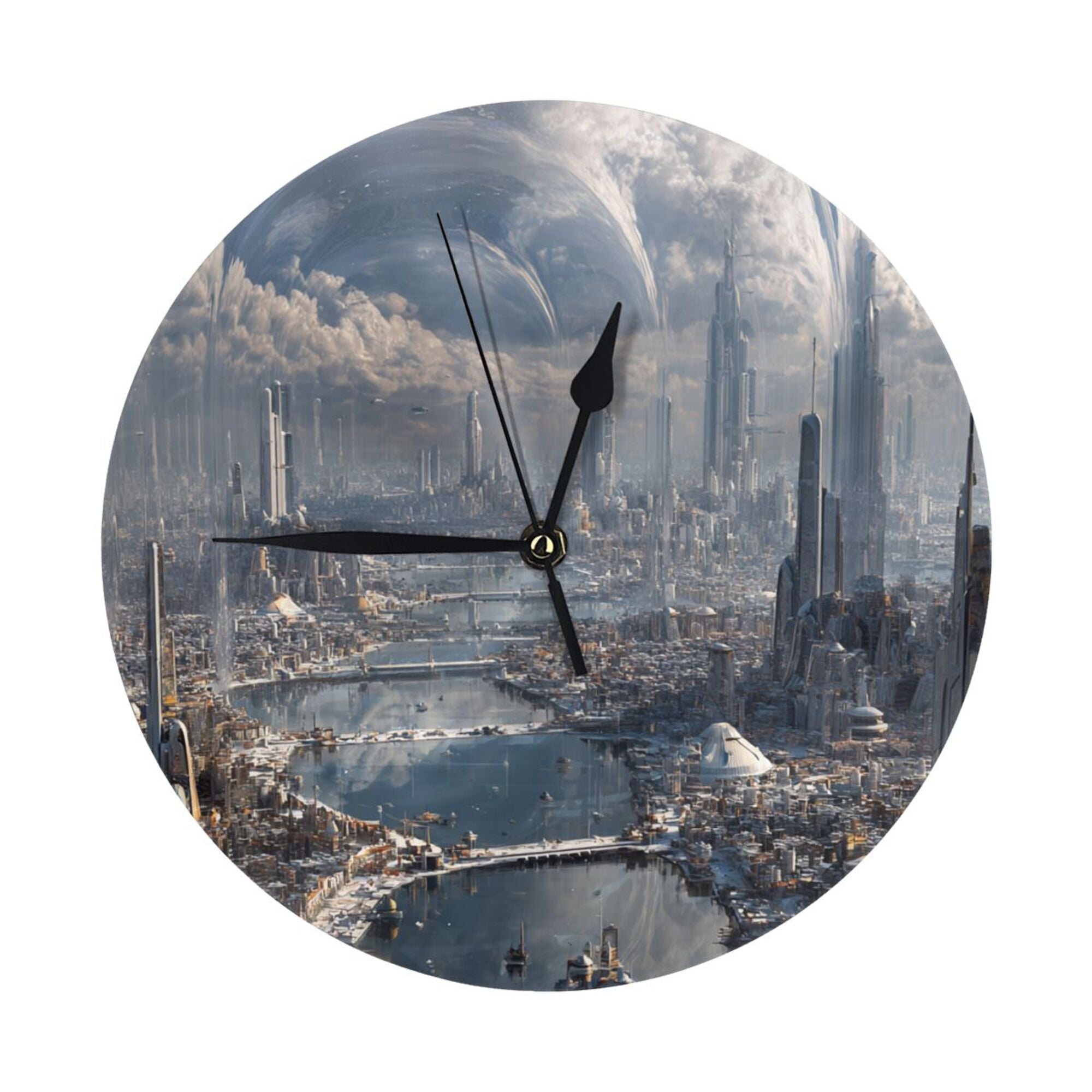 Futuristic Cityscape Round Wall Clock – 25cm Silent Quartz Modern Home Decoration for Living Room, Bedroom, Office