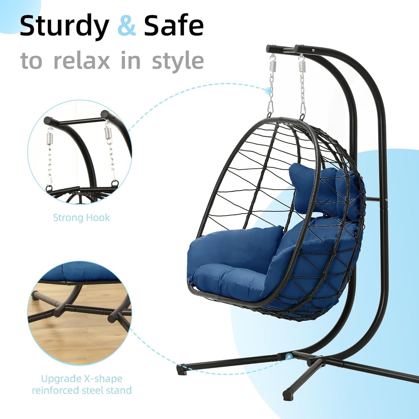 Egg Chair with Stand Hammock Swing Chair Foldable Hanging Loveseat, UV Resistant Removable Cushions, 700LBS Capacity for Bedroom, Balcony, Garden(BK-BL)