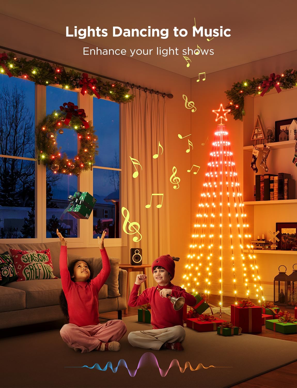 Christmas Cone Tree Lights, 6ft 316 LEDs RGBIC Christmas Tree Lights with Smart App Control, IP67 Waterproof Outdoor String Lights for Xmas Decorations, 82+ Scene Modes, Music Sync, White Stand