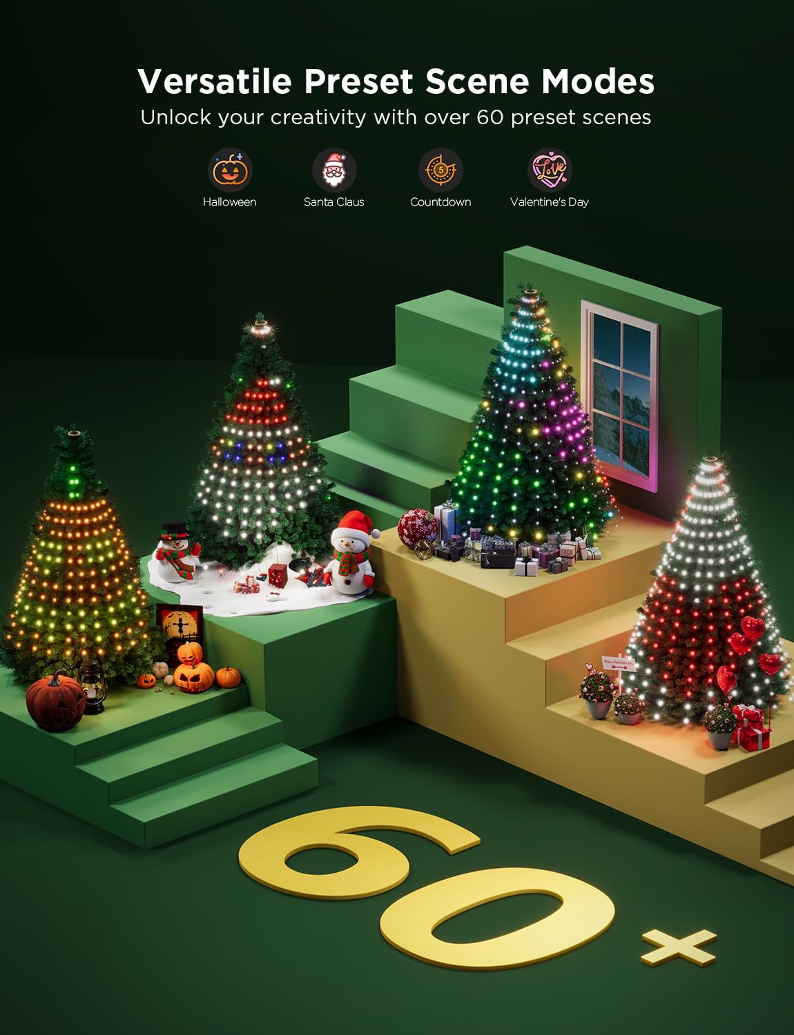 Christmas Tree Lights, Smart RGBIC 480 LEDs Christmas Lights Outdoor, 6.6ft × 24 String Lights for Holiday Decor, IP65 Waterproof, Music Sync, Voice Control, 60+ Scene Modes, Green Wire