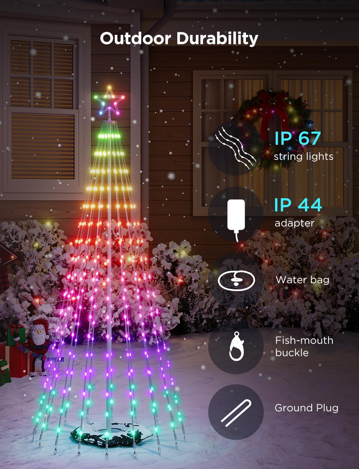 Christmas Cone Tree Lights, 6ft 316 LEDs RGBIC Christmas Tree Lights with Smart App Control, IP67 Waterproof Outdoor String Lights for Xmas Decorations, 82+ Scene Modes, Music Sync, White Stand