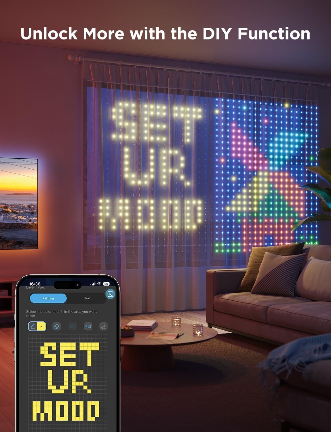 Curtain Lights 2, 520 LEDs Smart LED Curtain Light with DIY GIF AIGC