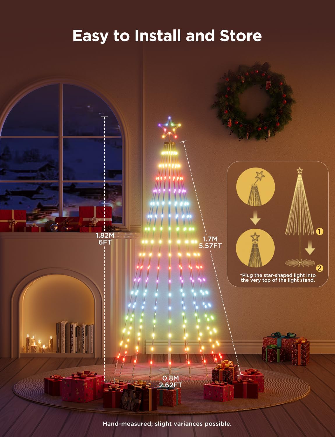 Christmas Cone Tree Lights, 6ft 316 LEDs RGBIC Christmas Tree Lights with Smart App Control, IP67 Waterproof Outdoor String Lights for Xmas Decorations, 82+ Scene Modes, Music Sync, White Stand