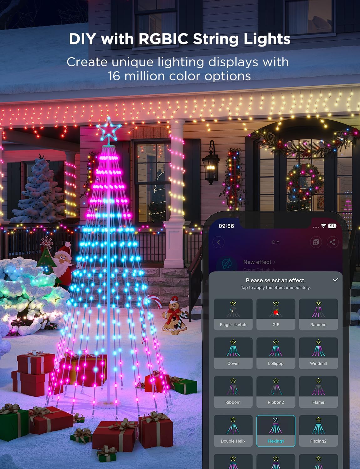 Christmas Cone Tree Lights, 6ft 316 LEDs RGBIC Christmas Tree Lights with Smart App Control, IP67 Waterproof Outdoor String Lights for Xmas Decorations, 82+ Scene Modes, Music Sync, White Stand