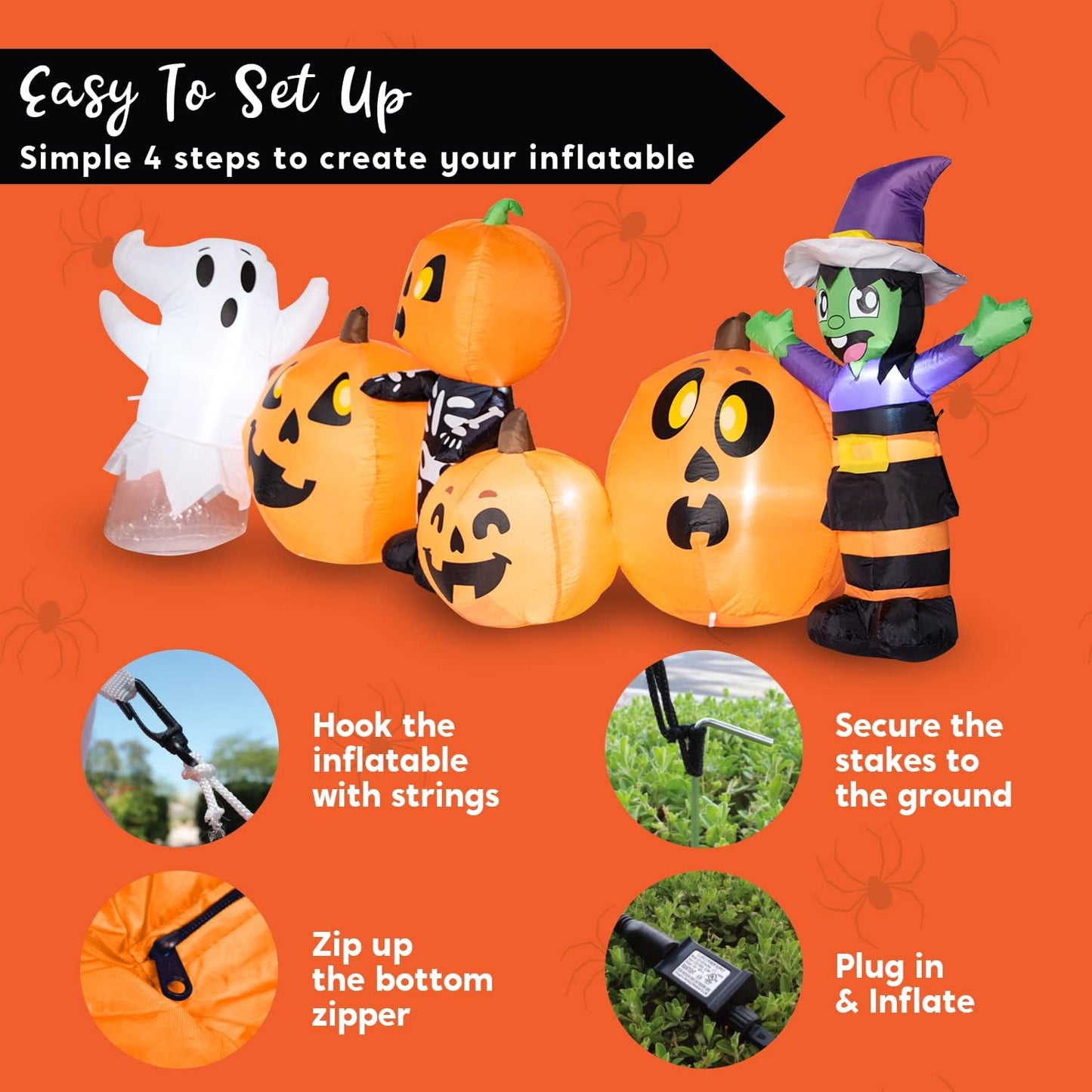 8 ft Long Halloween Inflatable Three Characters and Pumpkin Patch Outdoor Decoration