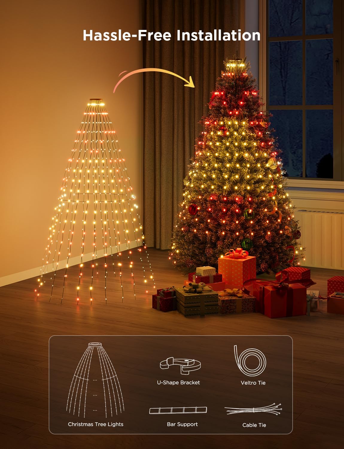 Christmas Tree Lights, Smart RGBIC 480 LEDs Christmas Lights Outdoor, 6.6ft × 24 String Lights for Holiday Decor, IP65 Waterproof, Music Sync, Voice Control, 60+ Scene Modes, Green Wire