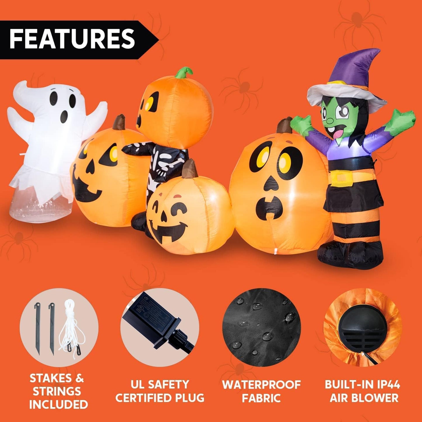 8 ft Long Halloween Inflatable Three Characters and Pumpkin Patch Outdoor Decoration