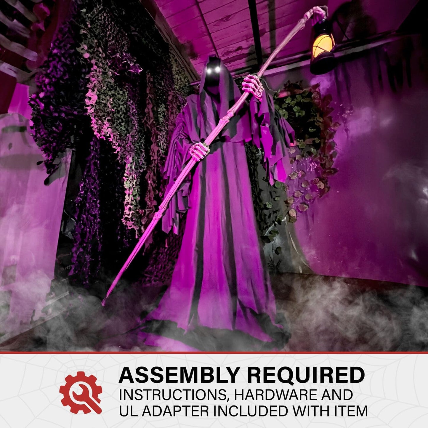 Motion-Activated 6-Ft. Tall Ghostly Guide, Plug-in Talking Scare Prop Animatronic with Spooky Sound Effects and Lights for Indoor or Covered Outdoor Creepy Halloween Decoration