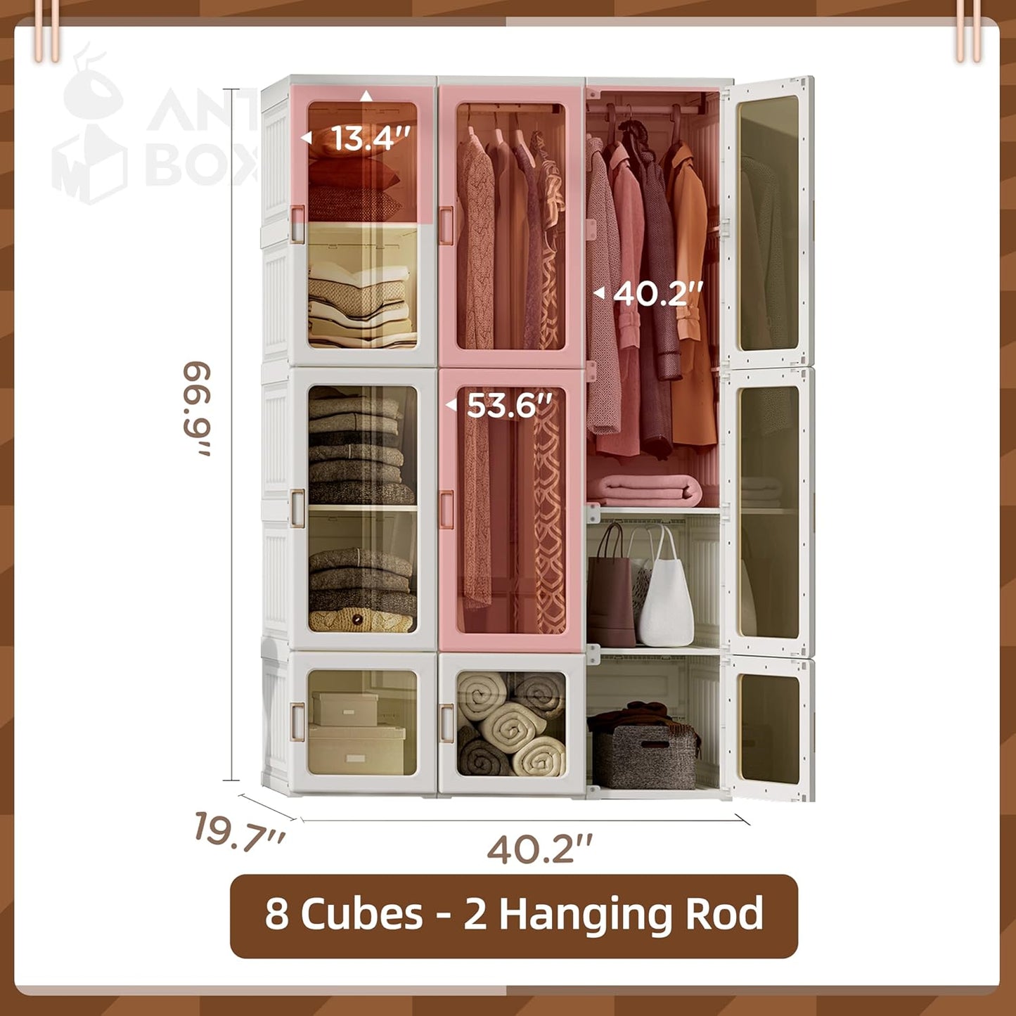 Portable Wardrobe Closet Storage Organizer for Clothes,Suitable for Living Room, Bedroom,Plastic Wardrobe with Magnetic Transparent Door and Easy Assembly 8 Cubes & 2 Hanging Rod