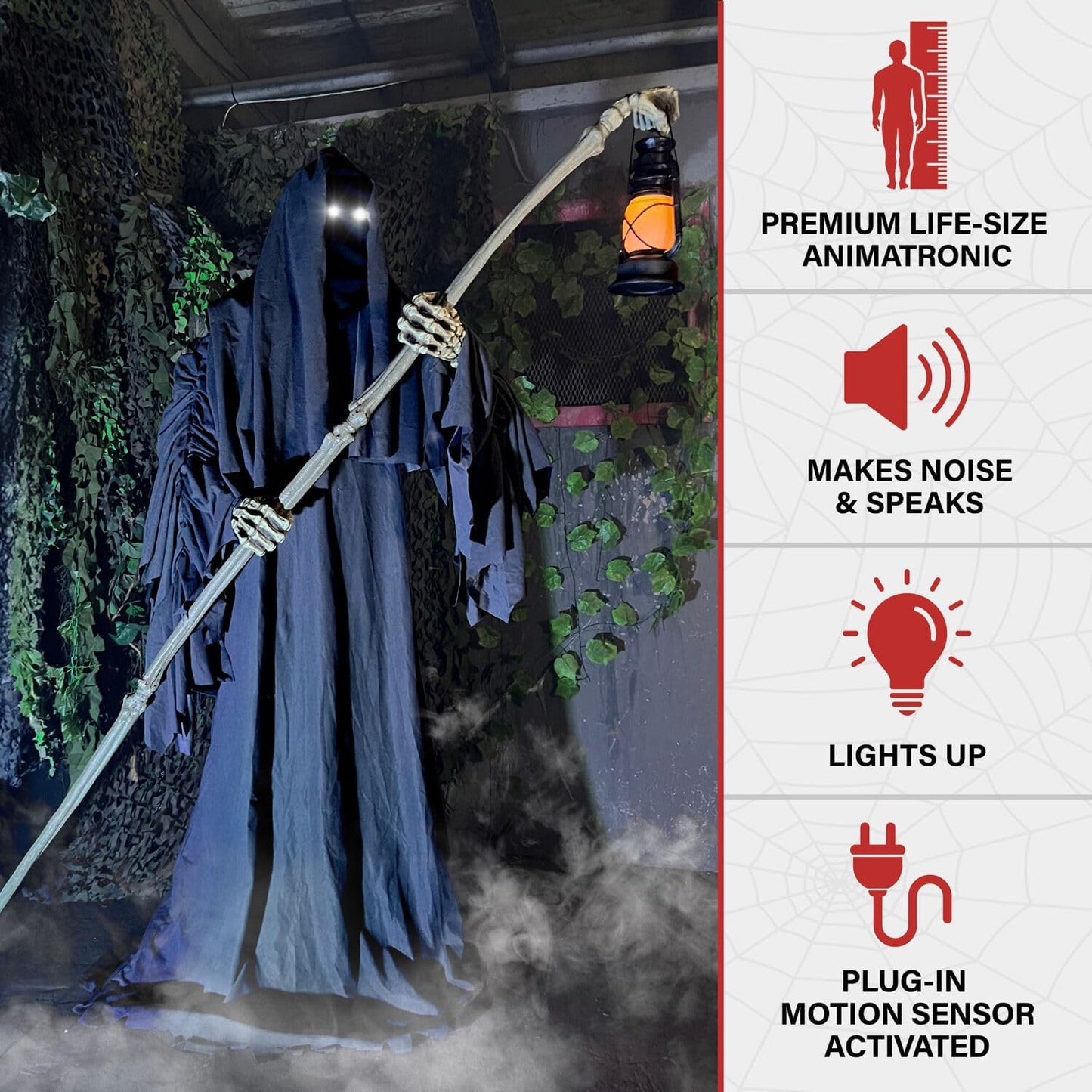 Motion-Activated 6-Ft. Tall Ghostly Guide, Plug-in Talking Scare Prop Animatronic with Spooky Sound Effects and Lights for Indoor or Covered Outdoor Creepy Halloween Decoration