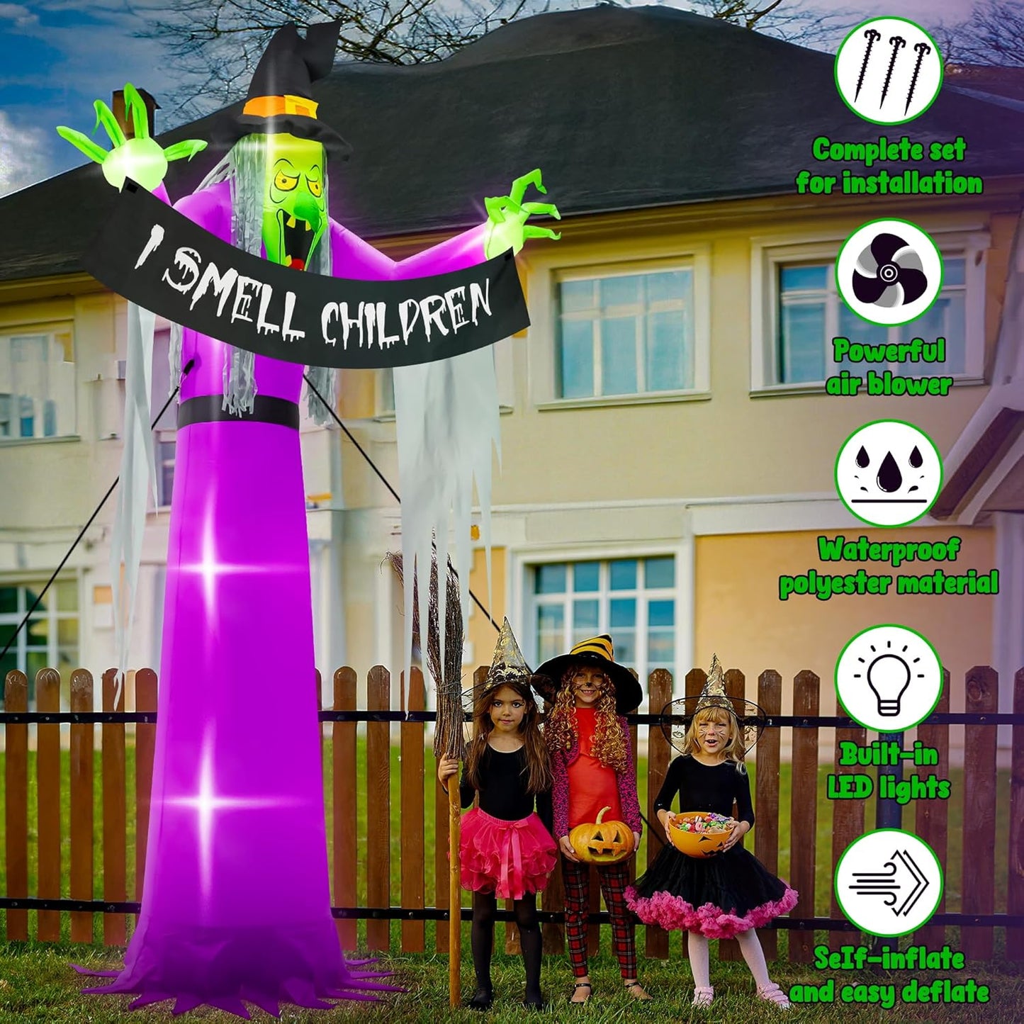 13FT Halloween Outdoor Inflatables, Scary Blow Up Witch Holding