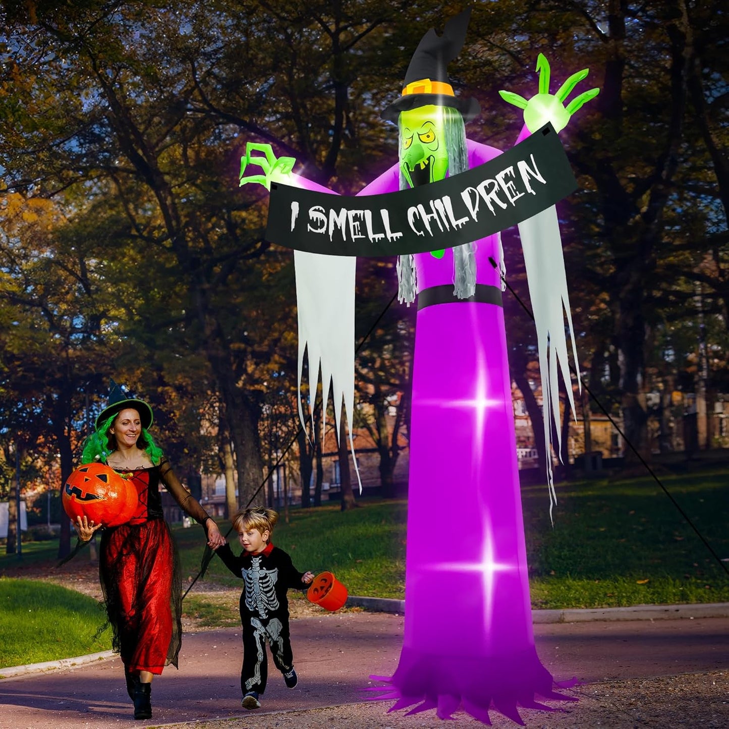 13FT Halloween Outdoor Inflatables, Scary Blow Up Witch Holding