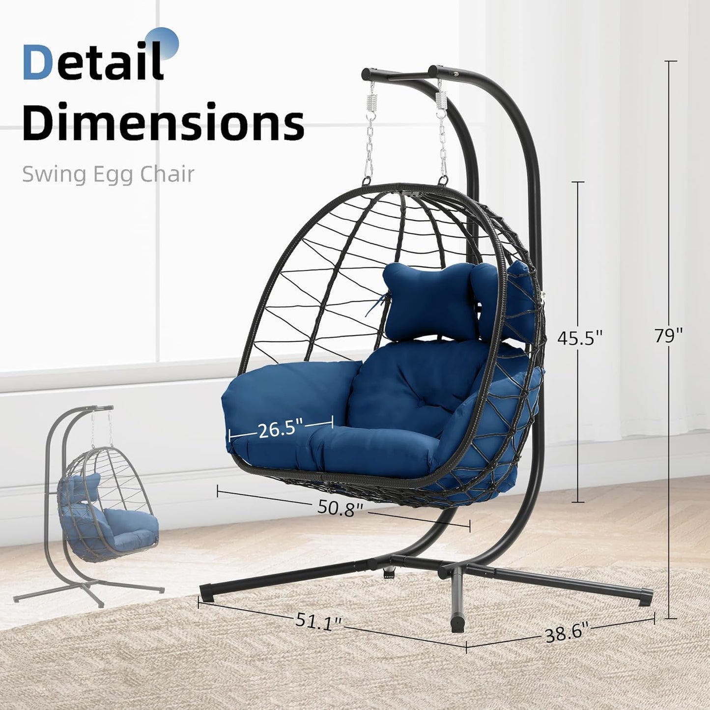 Egg Chair with Stand Hammock Swing Chair Foldable Hanging Loveseat, UV Resistant Removable Cushions, 700LBS Capacity for Bedroom, Balcony, Garden(BK-BL)