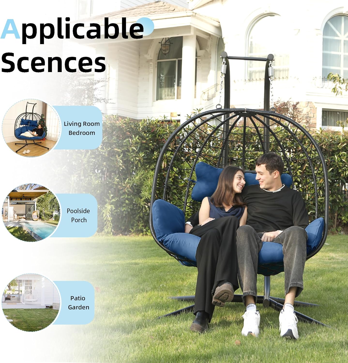 Egg Chair with Stand Hammock Swing Chair Foldable Hanging Loveseat, UV Resistant Removable Cushions, 700LBS Capacity for Bedroom, Balcony, Garden(BK-BL)