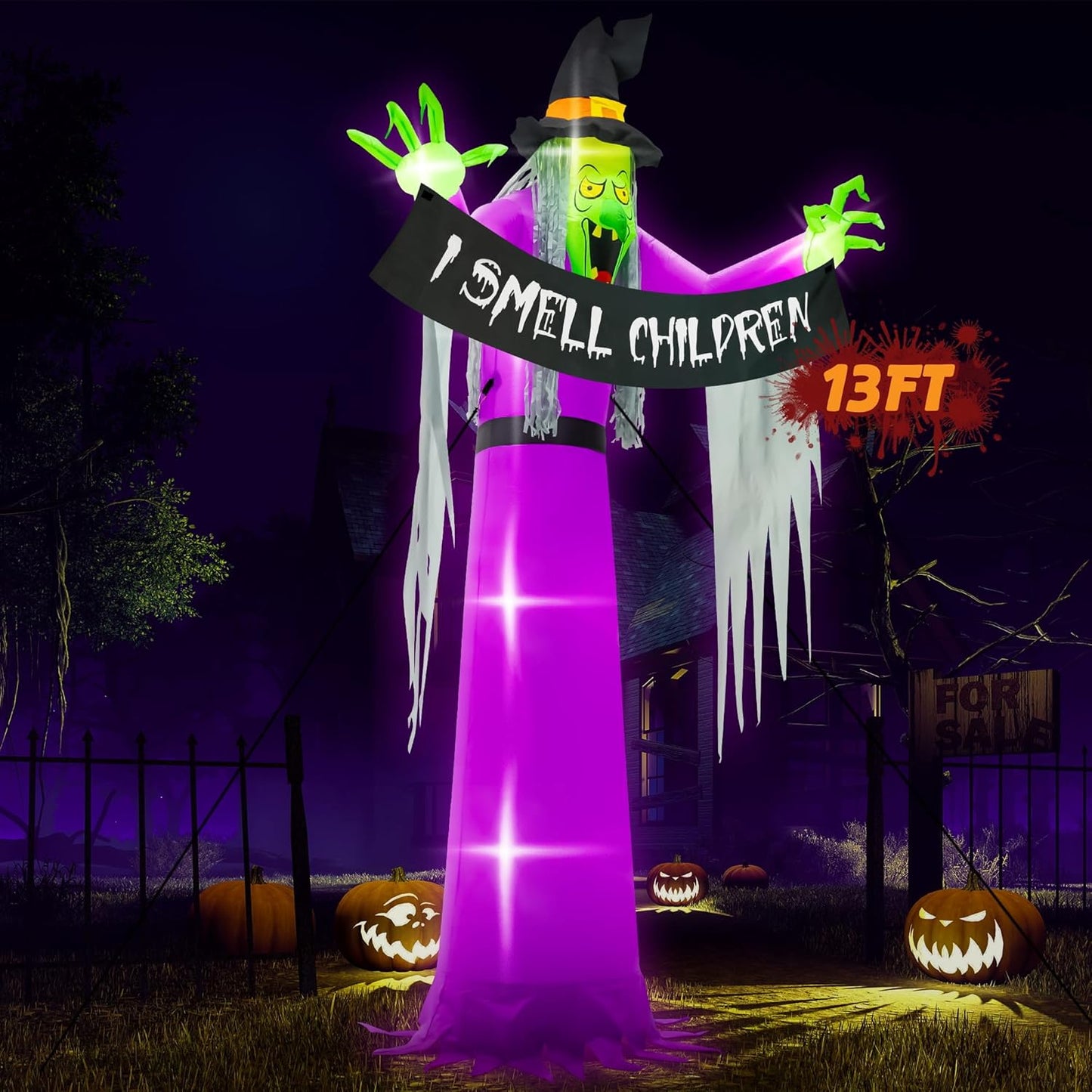 13FT Halloween Outdoor Inflatables, Scary Blow Up Witch Holding