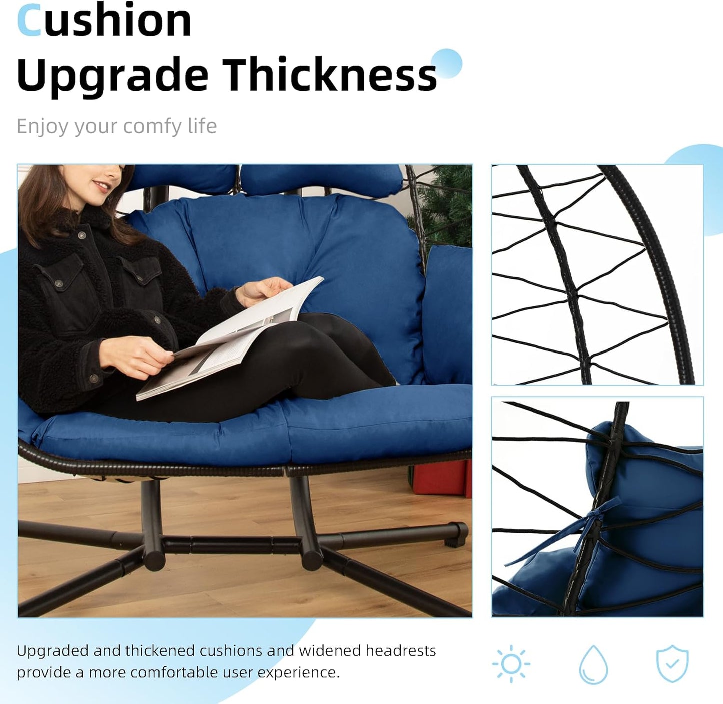 Egg Chair with Stand Hammock Swing Chair Foldable Hanging Loveseat, UV Resistant Removable Cushions, 700LBS Capacity for Bedroom, Balcony, Garden(BK-BL)